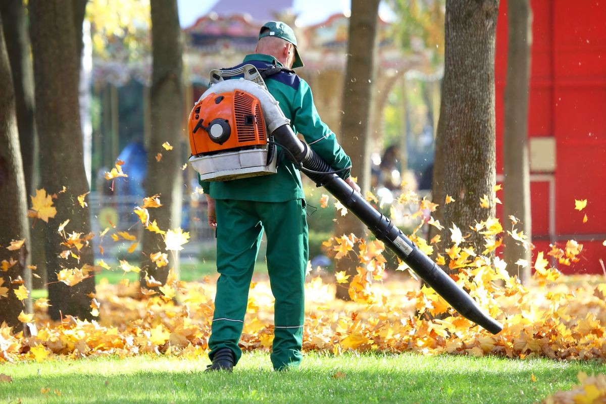man using leaf blower in yard to blow away leaves