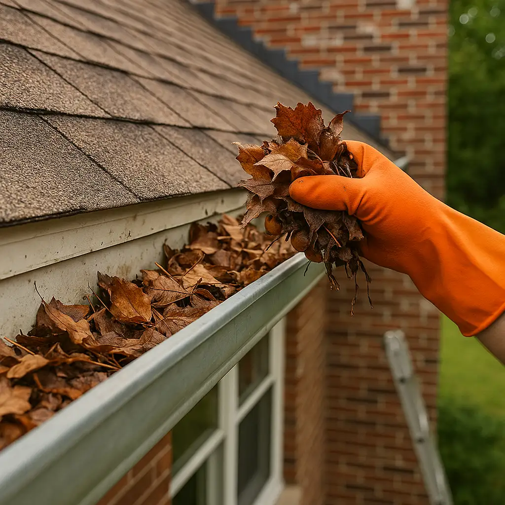 Worker in orange gloves clearing leaves from a home’s gutter as part of Jason Yard Scaping’s lawn and property care in Greenville, SC.