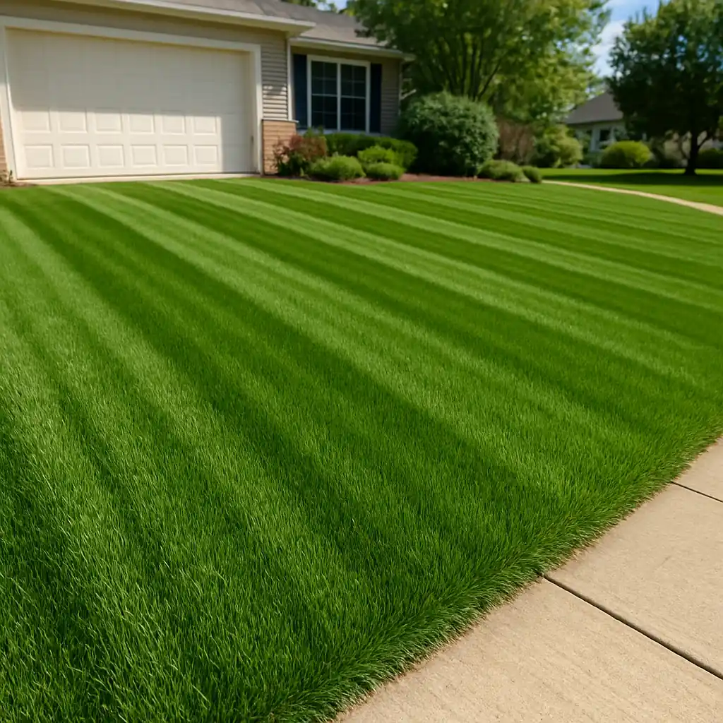 Suburban front yard with sharp mowing stripes and clean driveway edge in Greenville, SC.