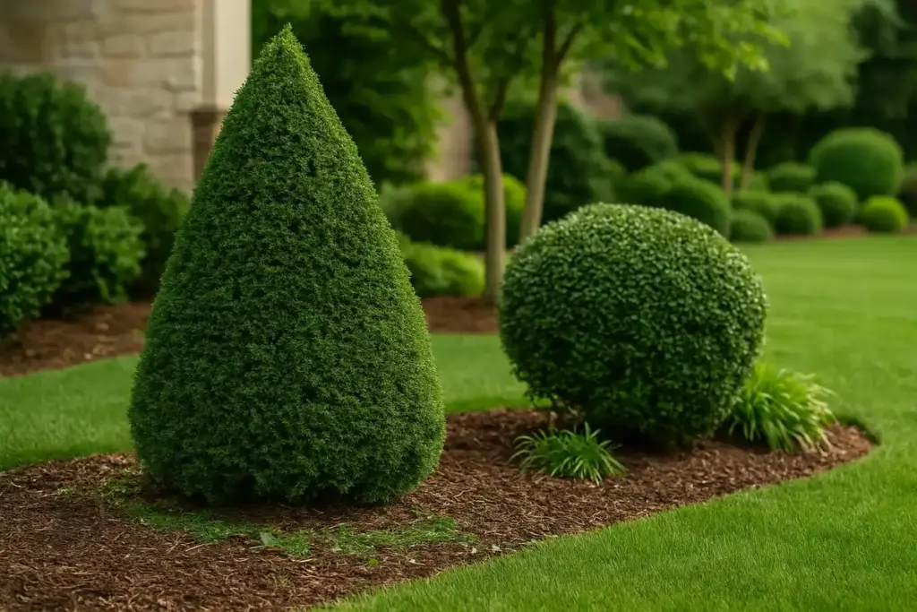 Manicured cone-shaped shrub and rounded bushes in a mulched bed maintained by Jason Yard Scaping.